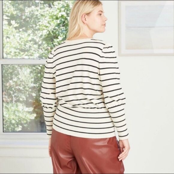 Who What Wear Striped Poetic Puff Sleeve Crewneck Pullover Sweater - Picture 2 of 12